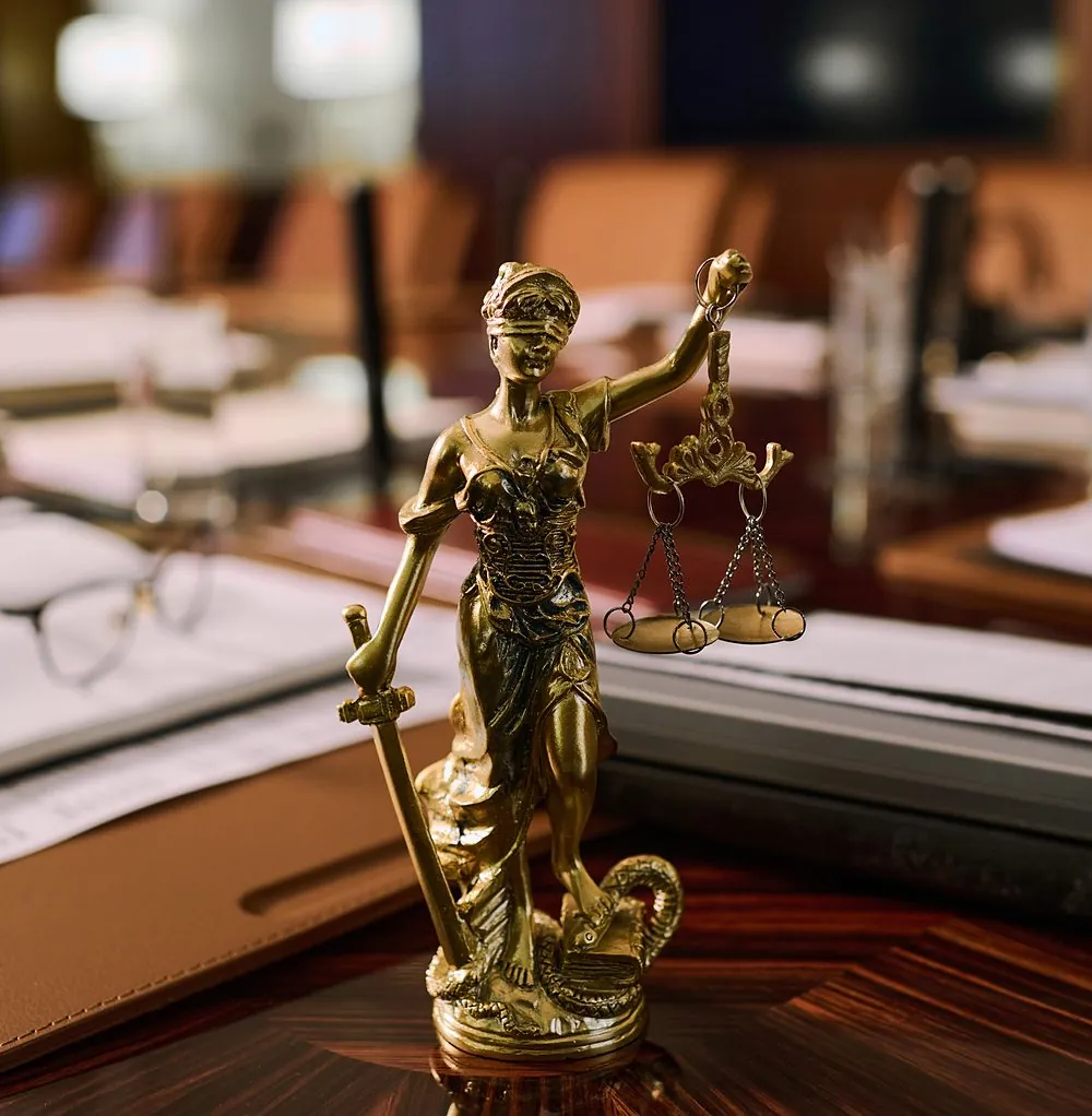 A bronze statue of Lady Justice holding her scales