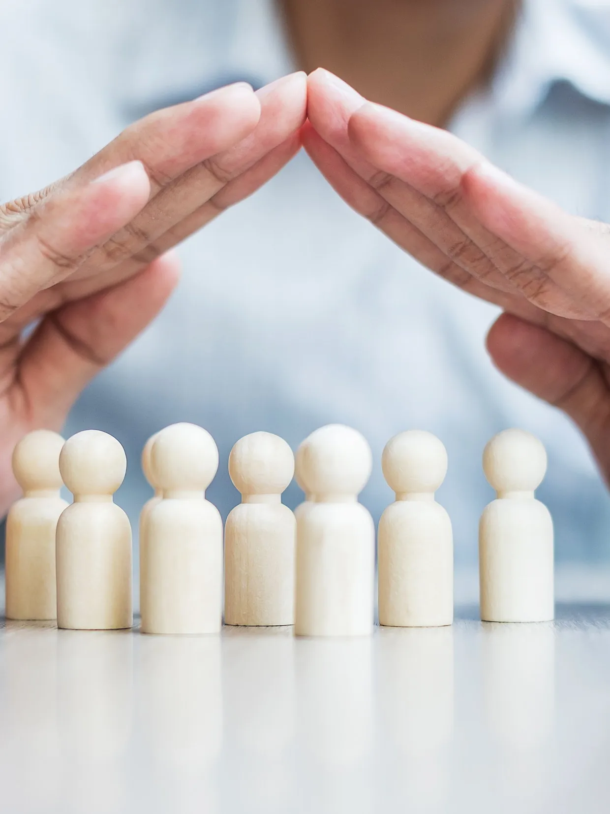 Two hands sheltering a row of wooden figures