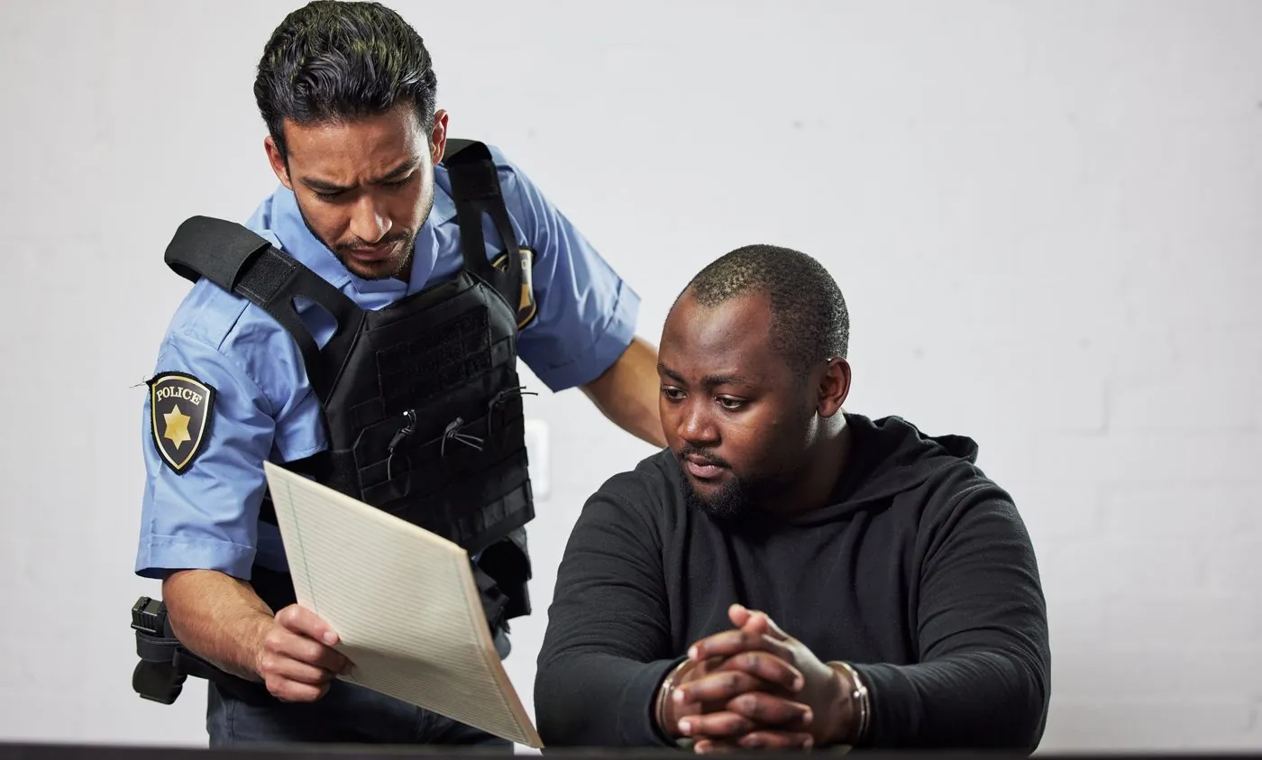 An officer reading a document beside a seated man